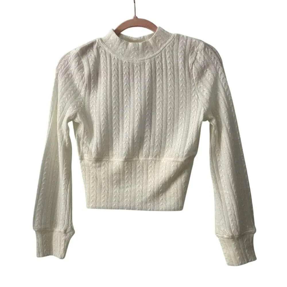 NWT B.O G. Cropped Crew Neck Balloon Sleeves Cable Stitch Ivory Sweater-Small - Picture 2 of 10
